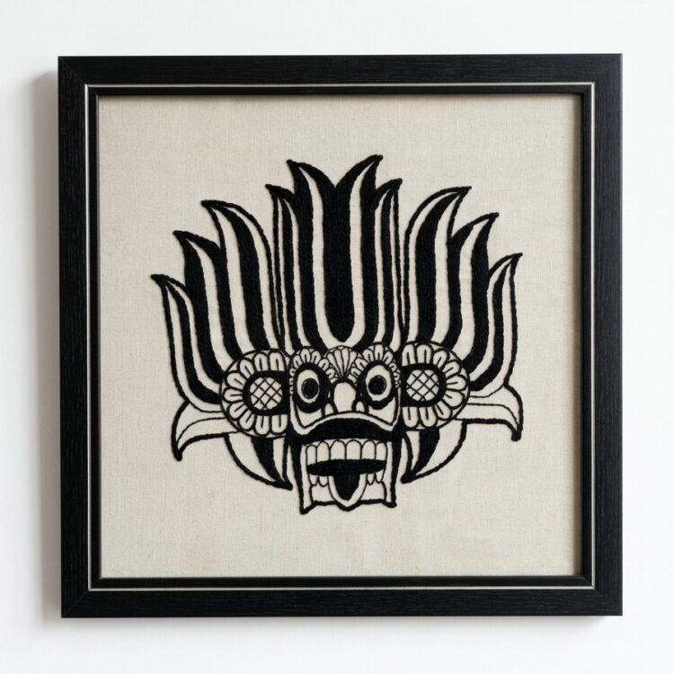 Wall Decor with Black Thread Hand Embroidery (The Sri Lankan Traditional Mask Gini Raaksha)