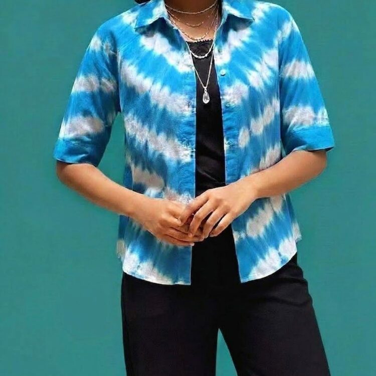 Bathik Blouse Material - 1M (White and Sky Blue)