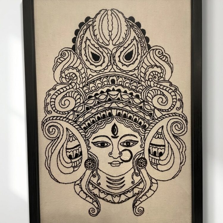 Hand Embroidery Wall Decor with Black Cotton Thread (Durga Matha)