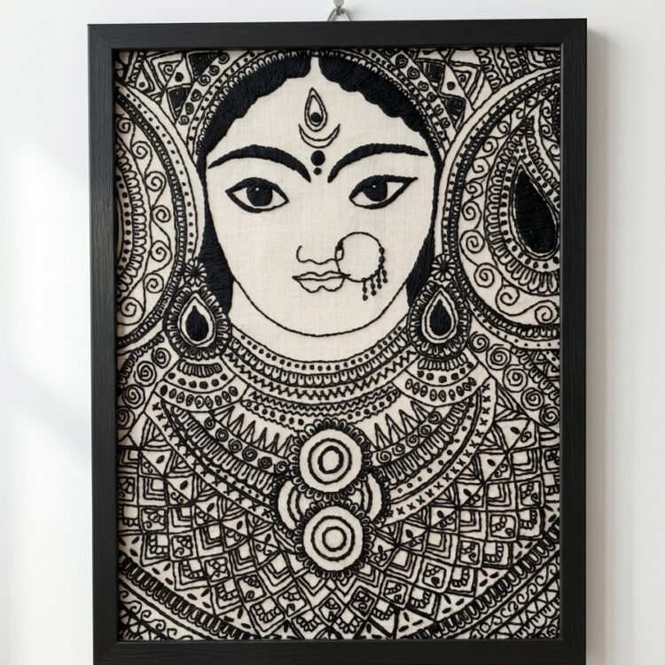 Hand Embroidery Wall Decor with Black Thread (Indian Goddess )